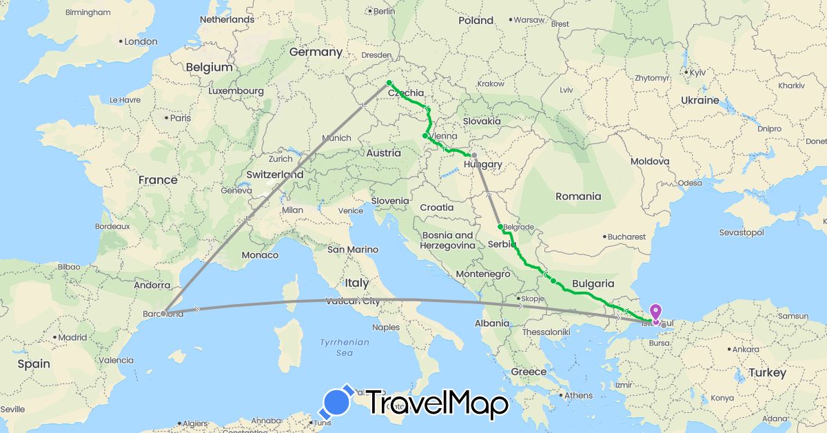 TravelMap itinerary: driving, bus, plane, train in Austria, Bulgaria, Czech Republic, Spain, Hungary, Serbia, Turkey (Asia, Europe)